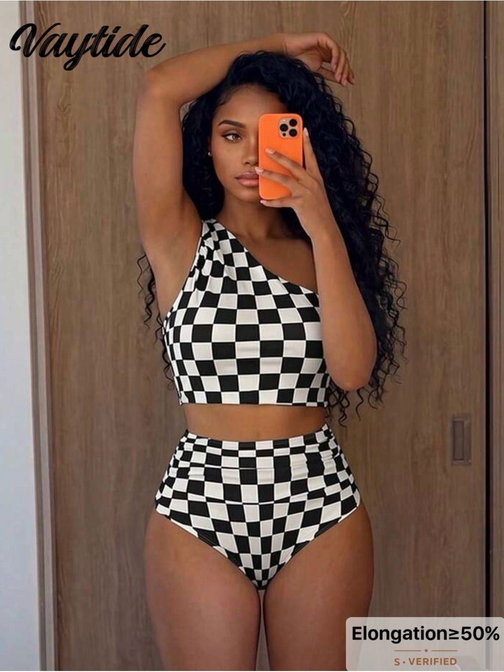 SHEIN Black and White Check One-Shoulder High-Waist Bikini Set